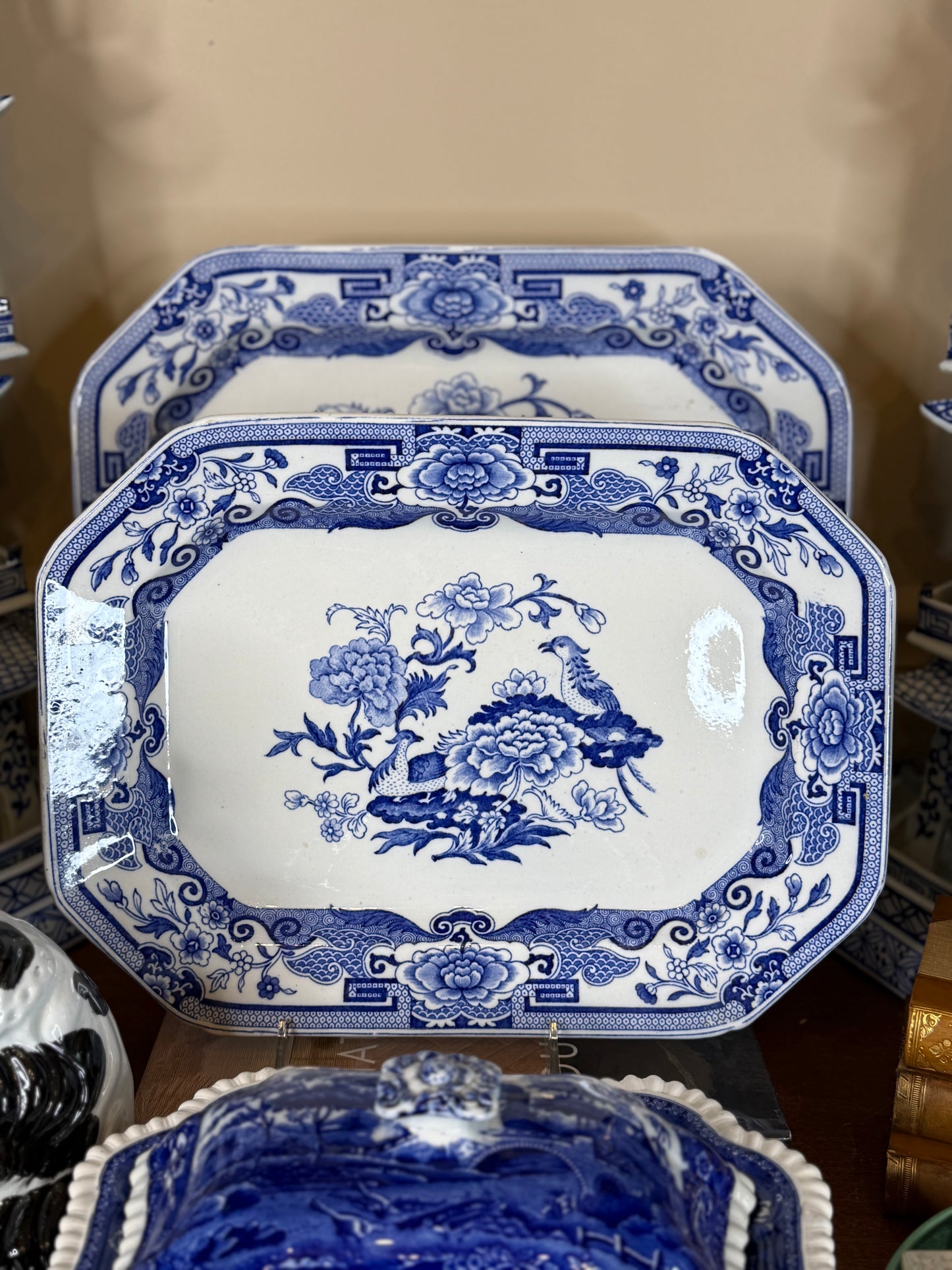 Antique Pair (2) Mason's Ironstone "India Pheasant" Blue & White Platters | Pair | Large & Small | c.1820 | Styles DA4493 & DA4494