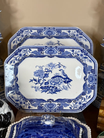 Antique Pair (2) Mason's Ironstone "India Pheasant" Blue & White Platters | Pair | Large & Small | c.1820 | Styles DA4493 & DA4494