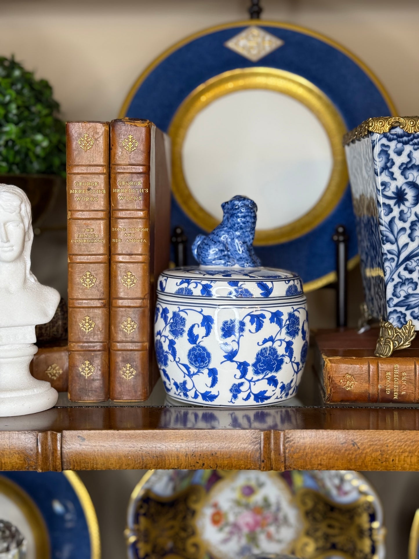 Danny’s Fine Porcelain: Blue & White Porcelain Foo Dog Lidded Box with Floral Motif