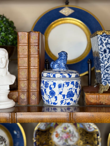 Danny’s Fine Porcelain: Blue & White Porcelain Foo Dog Lidded Box with Floral Motif