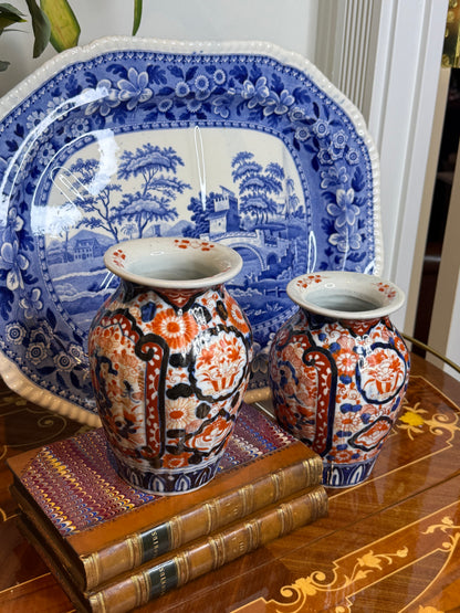 Pair of Antique Japanese Imari Porcelain Vases, Hand Painted Red, Blue & Ironstone Palette, 8” Tall – DA4521
