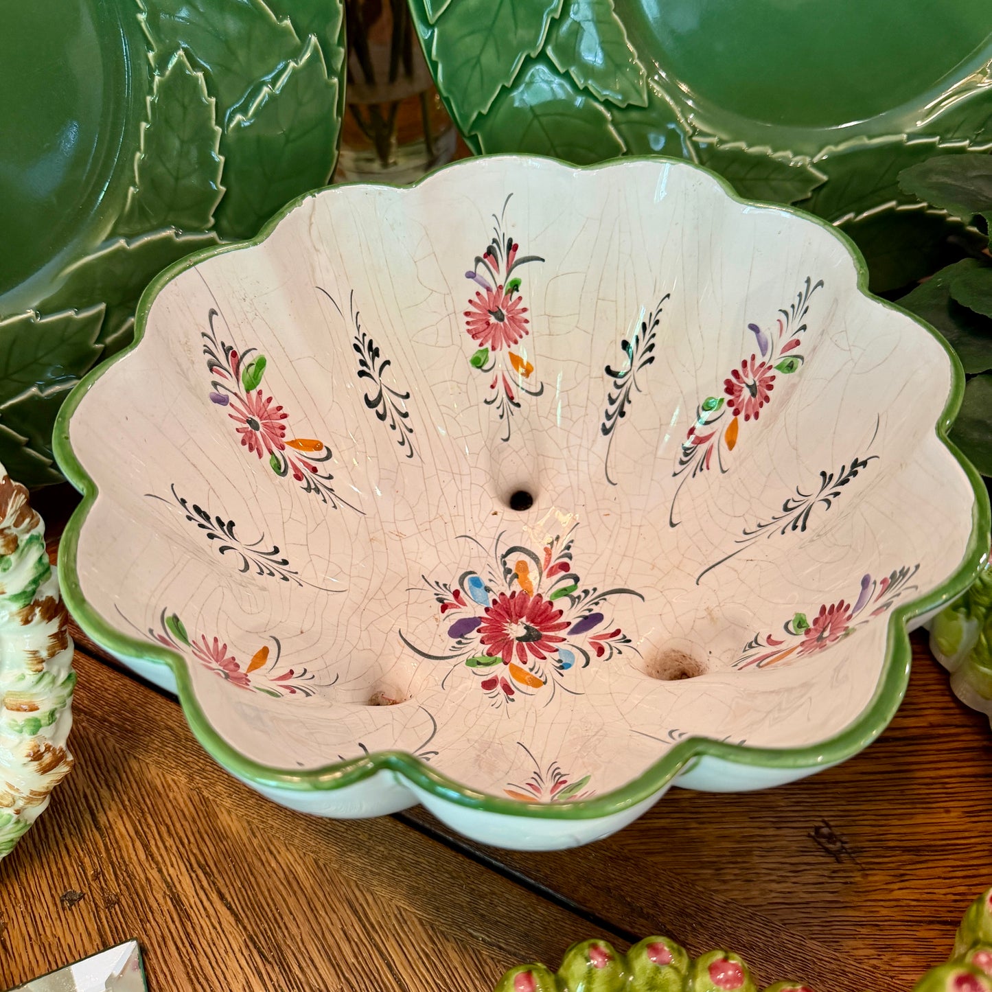 Gorgeous green scalloped tripod planter centerpiece bowl made in Portugal