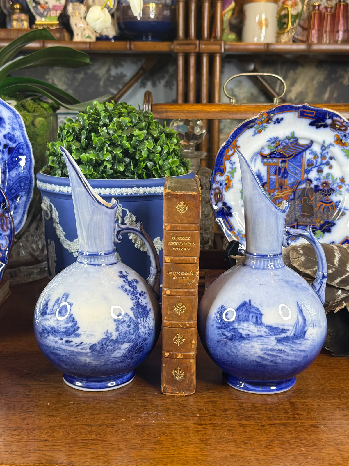 Pair of Keeling & Co. Blue & White Ship Ewers | 1886–1891 | 9"H x 15" Circumference | Style DA4502