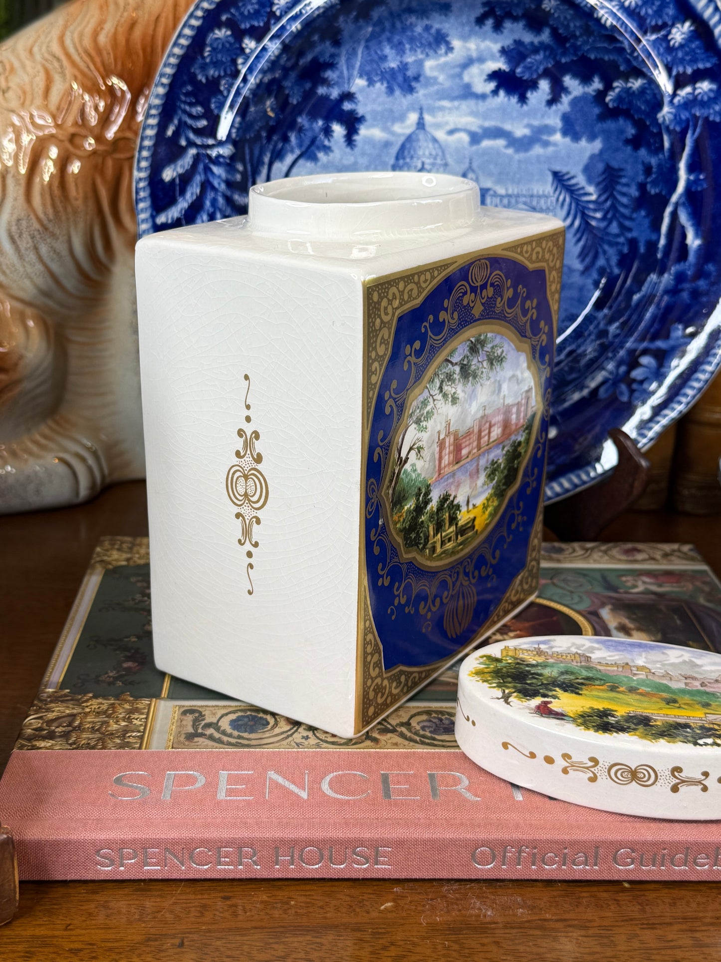 Vintage Royal Cauldon for Twinings Scenic Ironstone Tea Caddy, Cobalt Blue & Gold | 7.5”