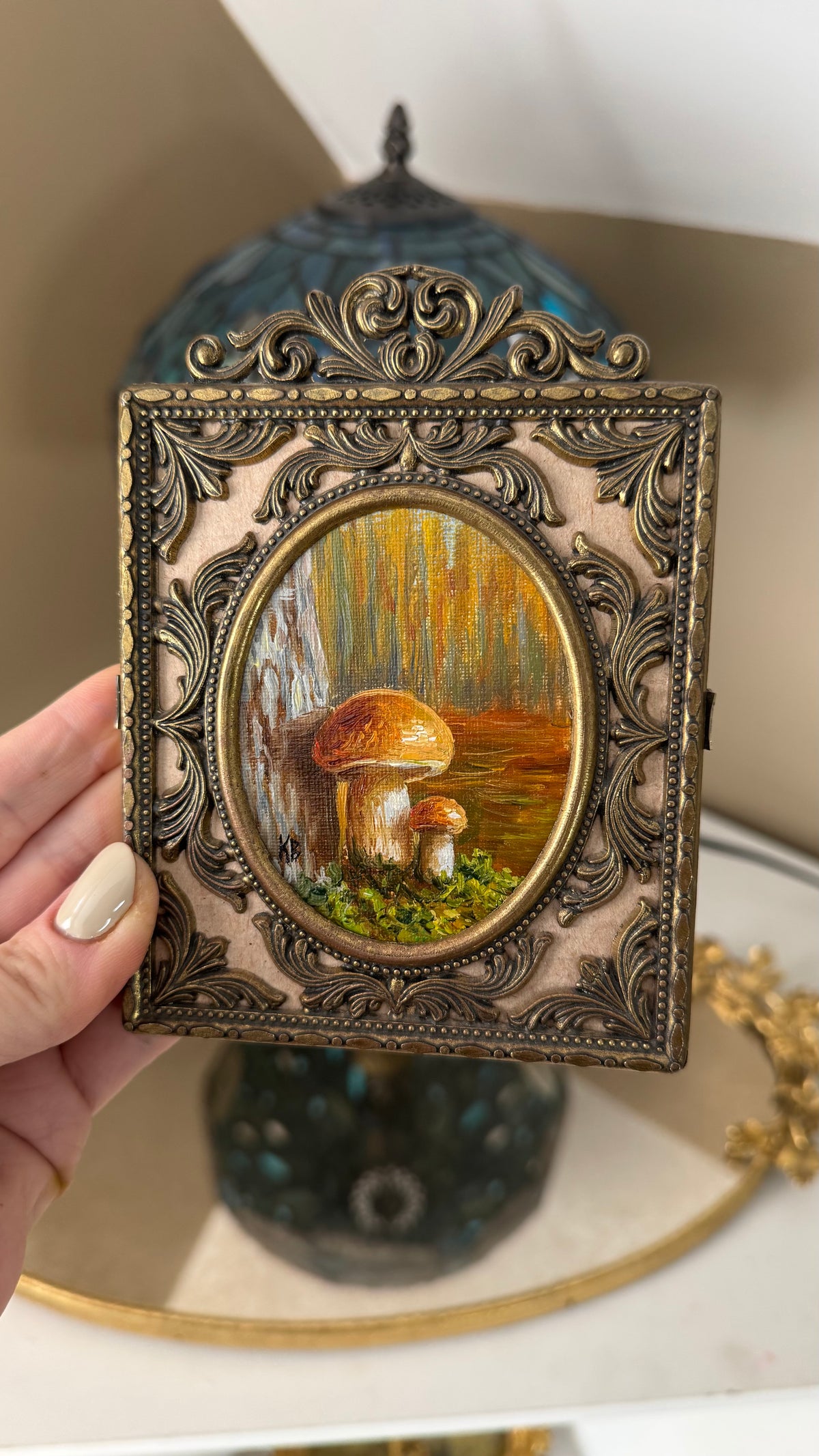 Day 9 challenge fall scene mushrooms original oil painting