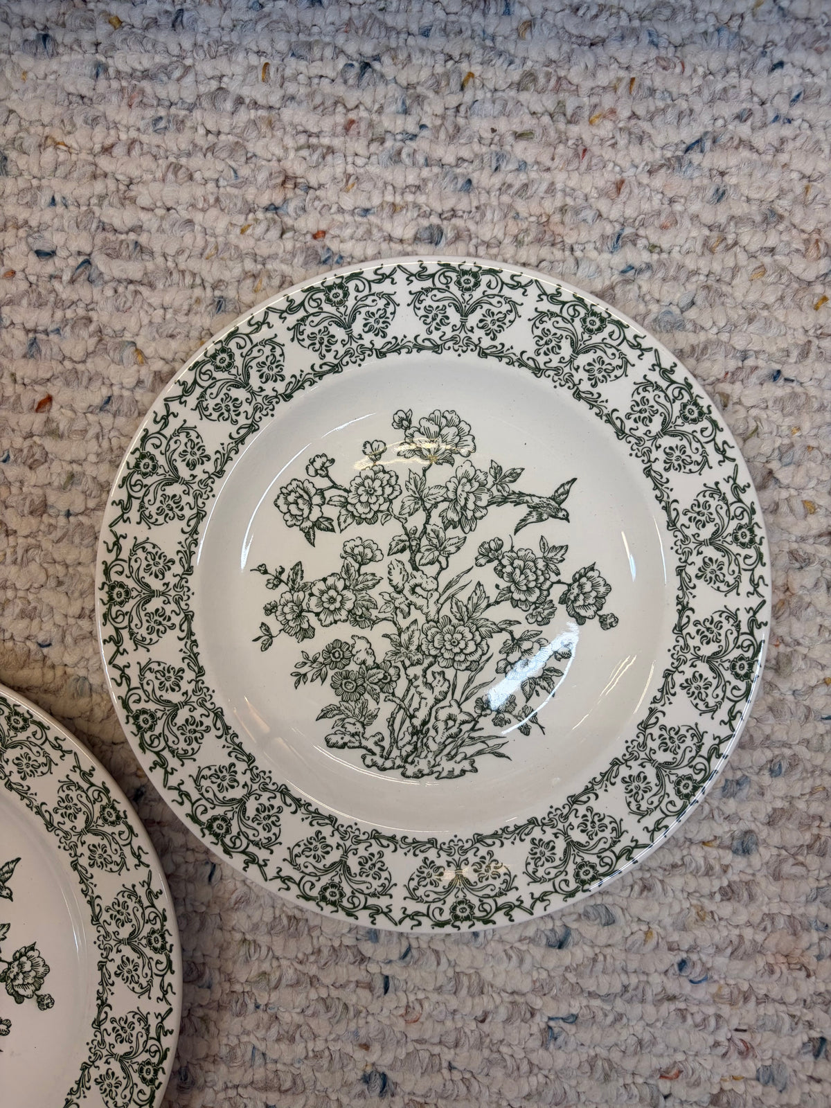 Beautiful green and white transferware plates with bird and floral details pair!