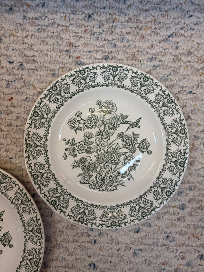 Beautiful green and white transferware plates with bird and floral details pair!
