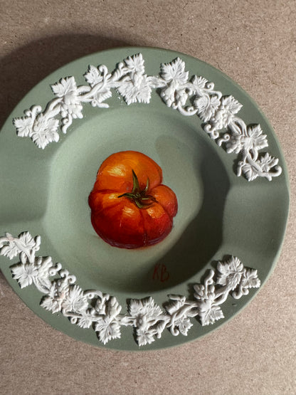 Live 06/22 Wedgwood small green and  white dish with painted tomato original art