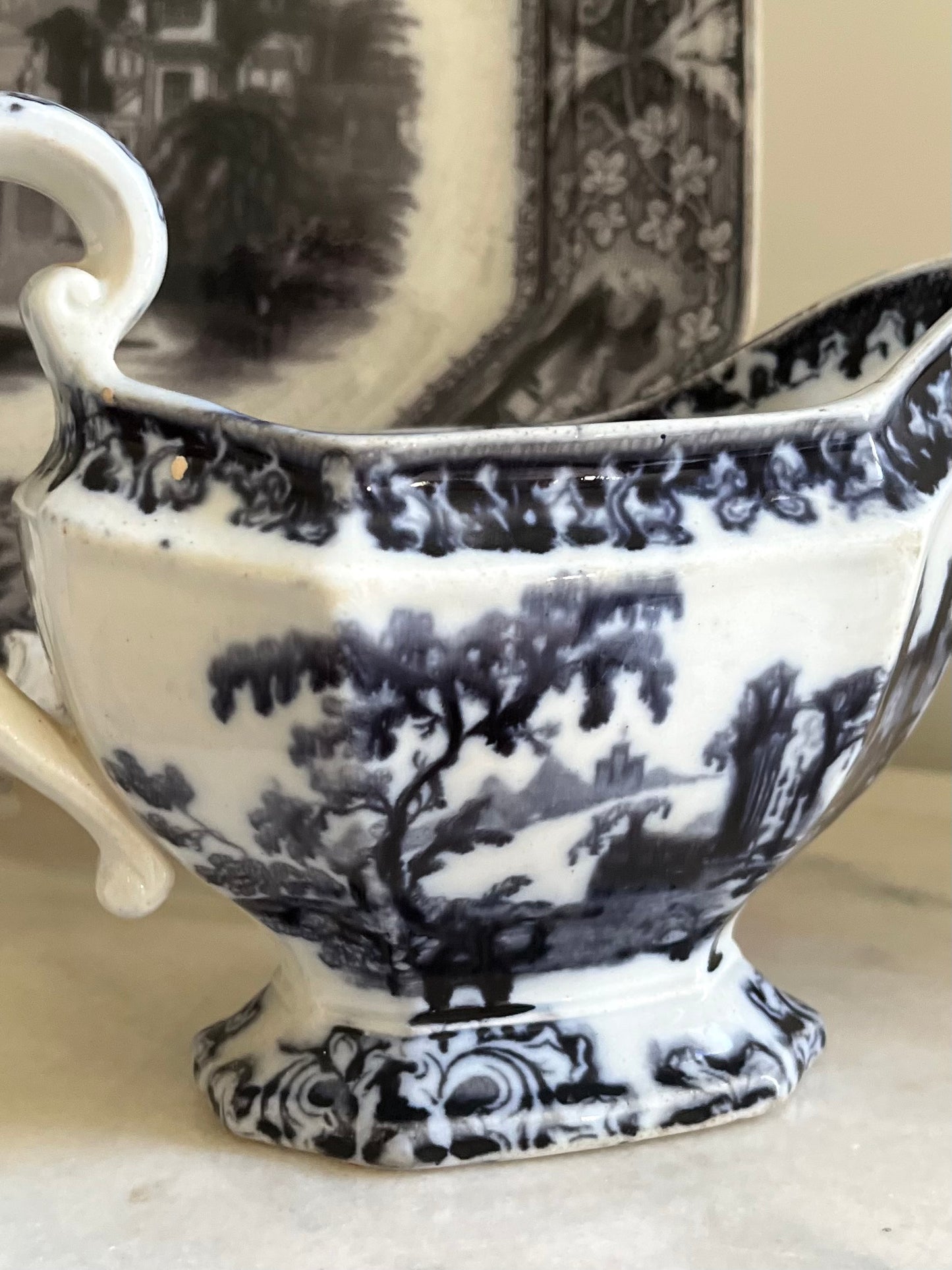 Reserved Live 03/24 Romantic “Athens” Mulberry Transferware Gravy Boat by Charles Meigh – Early Victorian Stoke-on-Trent c.1840s Classical Ruins