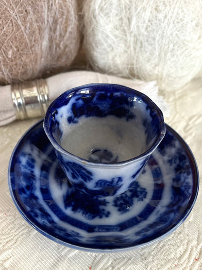Early Victorian John Maddock Hindustan Flow Blue Tea Bowl & Saucer | 19th Century