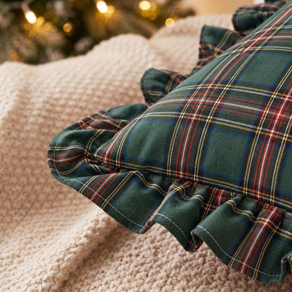Green Plaid Christmas Plaid Ruffle Throw Pillow W/ Down Insert | 18 x 18"
