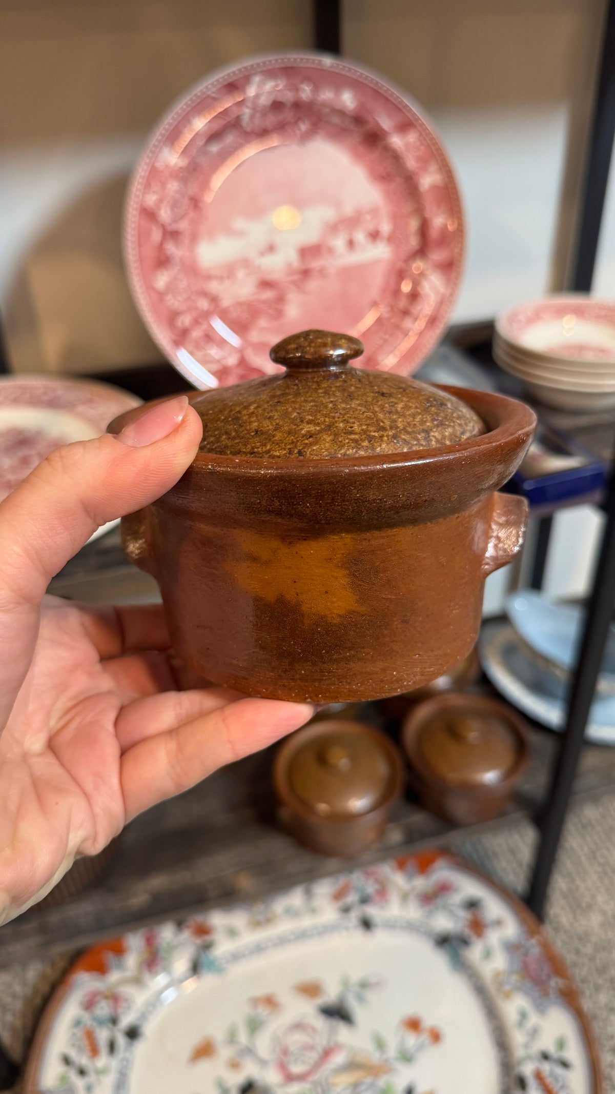 Vintage Brown Stoneware Covered Casserole with Six Individual Crocks
