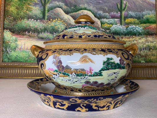 Absolutely stunning chinoiserie cobalt and gold soup tureen with platter featuring dogs playing outside!