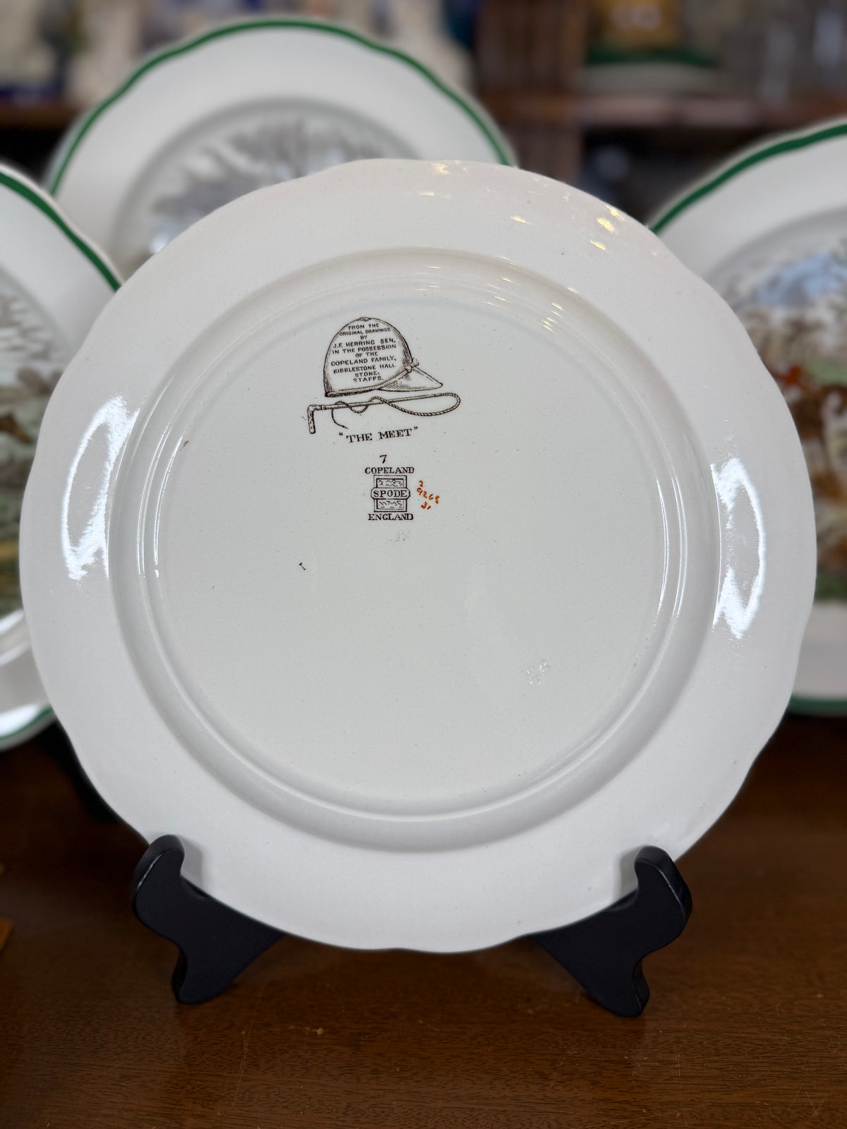 Vintage Spode “The Hunt” J.F. Herring Sr. Equestrian Hunting Plates, Set of 4, Green Trim, Scalloped Edge, England, 10” D | #DA4593