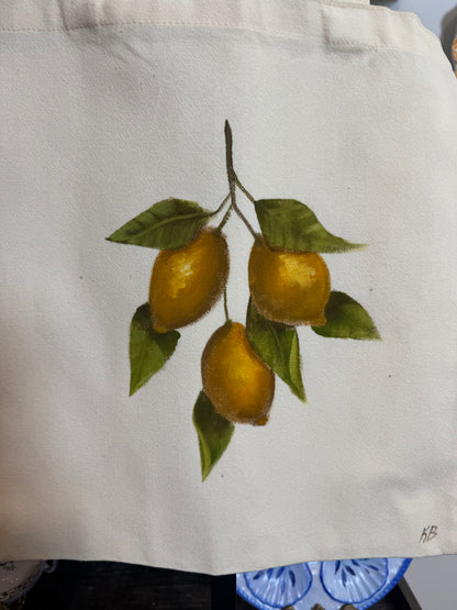 Lemons hand painted tote bag 15x14”