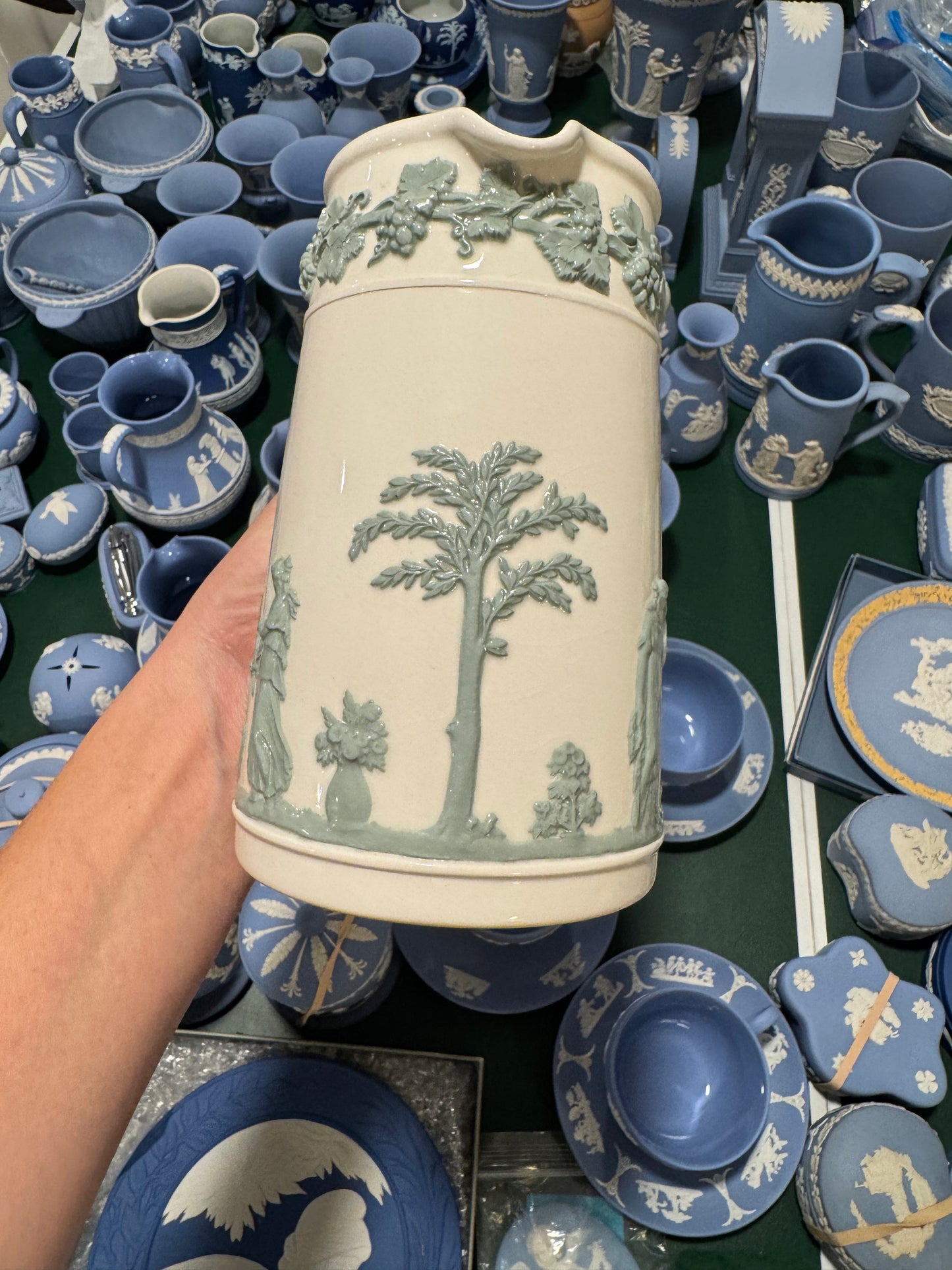 White and green Wedgwood pitcher 6.5” tall