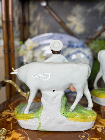 Antique Staffordshire Cow & Milkmaid Flatback Figures | Right & Left Pair | Victorian England | c.1860