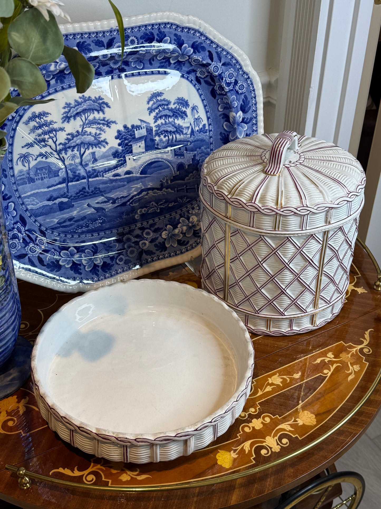Antique 1880’s COPELAND Raspberry & Gold Lattice Covered Cake Dome on Stand, 11” Diameter, 10” Tall, D1322