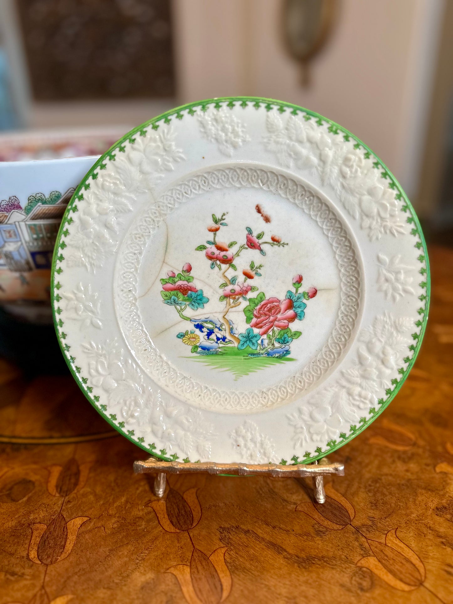 Pair of Antique Georgian Spode Porcelain Plates with Staple Repair – Pattern No. 216, Indian Tree / “Willis” Style, Circa 1790–1815