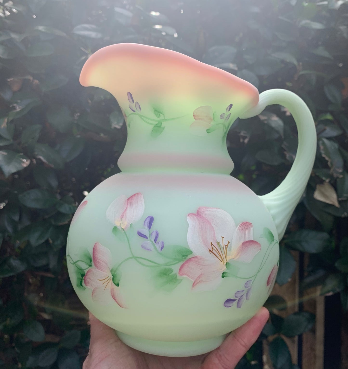 Beautiful Fenton signed and handpainted pink and green floral pitcher - Excellent condition!