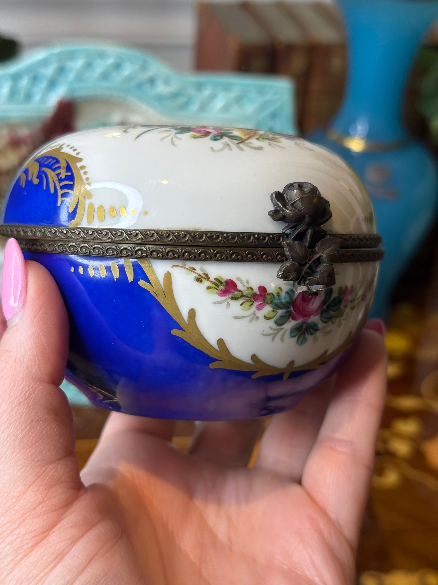 Vintage Limoges France Hand-Painted Trinket Box | Cobalt Blue & Gold with Bird and Floral Motif | 5” Diameter | #DA4364