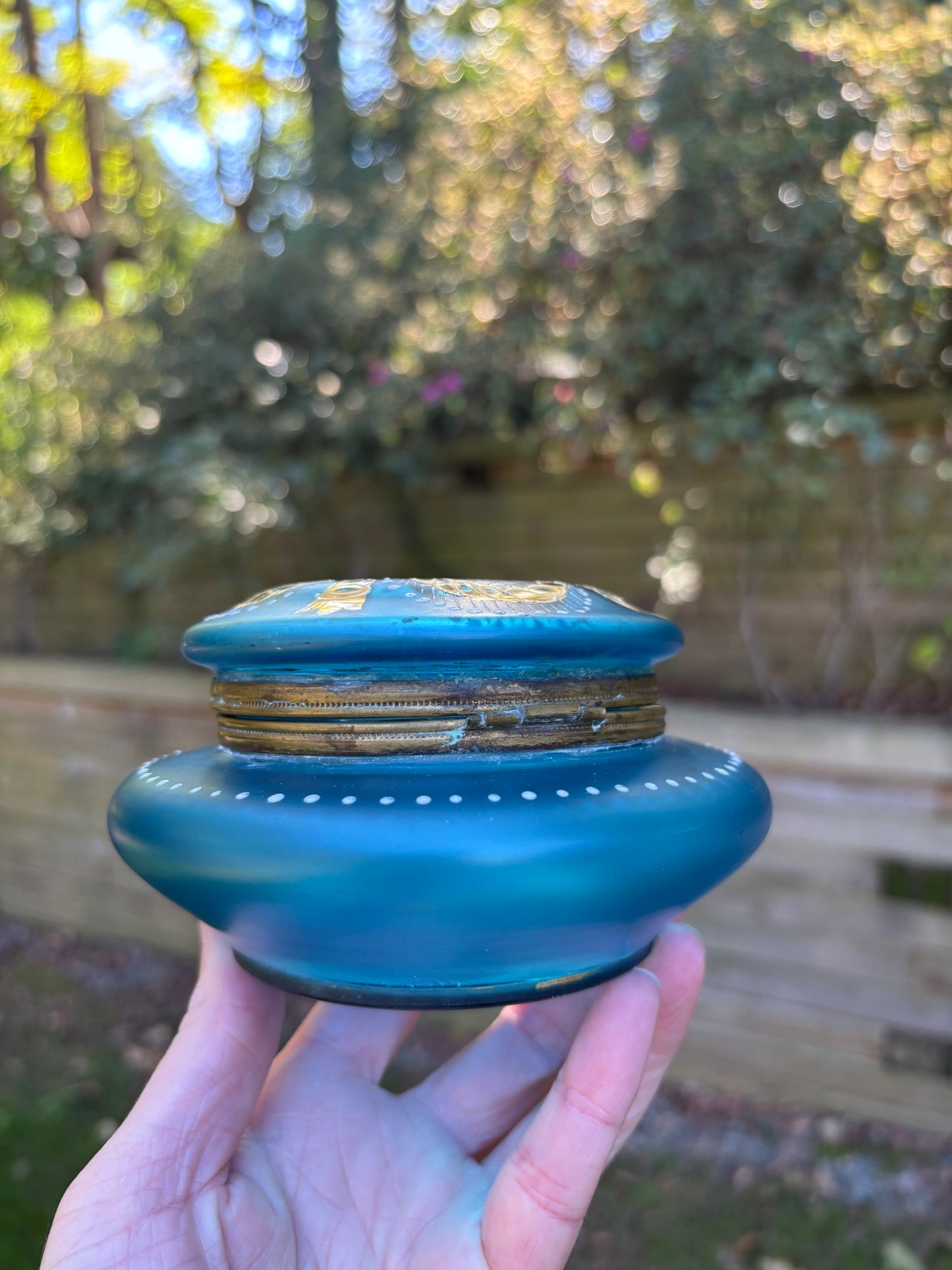 Gorgeous older blue and gold dresser box with handpainted details!