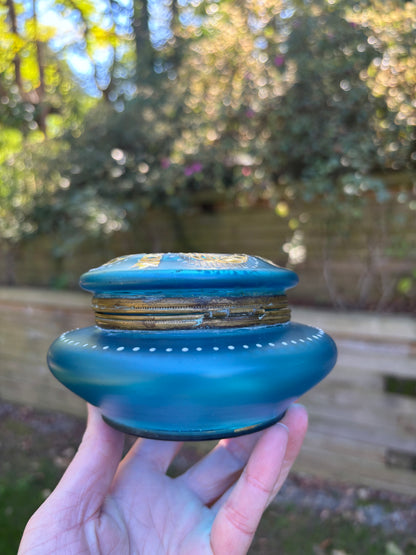Gorgeous older blue and gold dresser box with handpainted details!