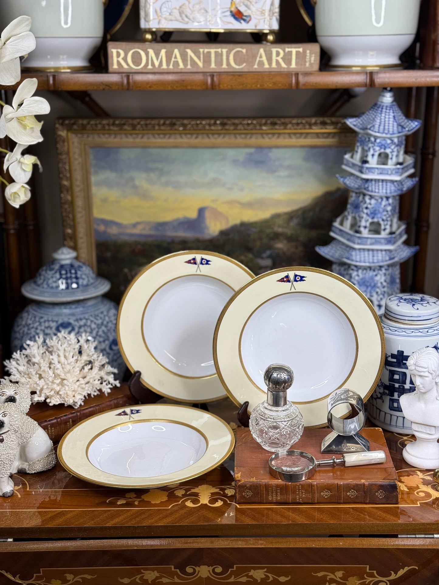 RARE Set (3) Wide-Rim Bowls, Antique Spode Copeland (custom order, 1927) Private yacht burgee service china - New York Yacht Club - PRISTINE!