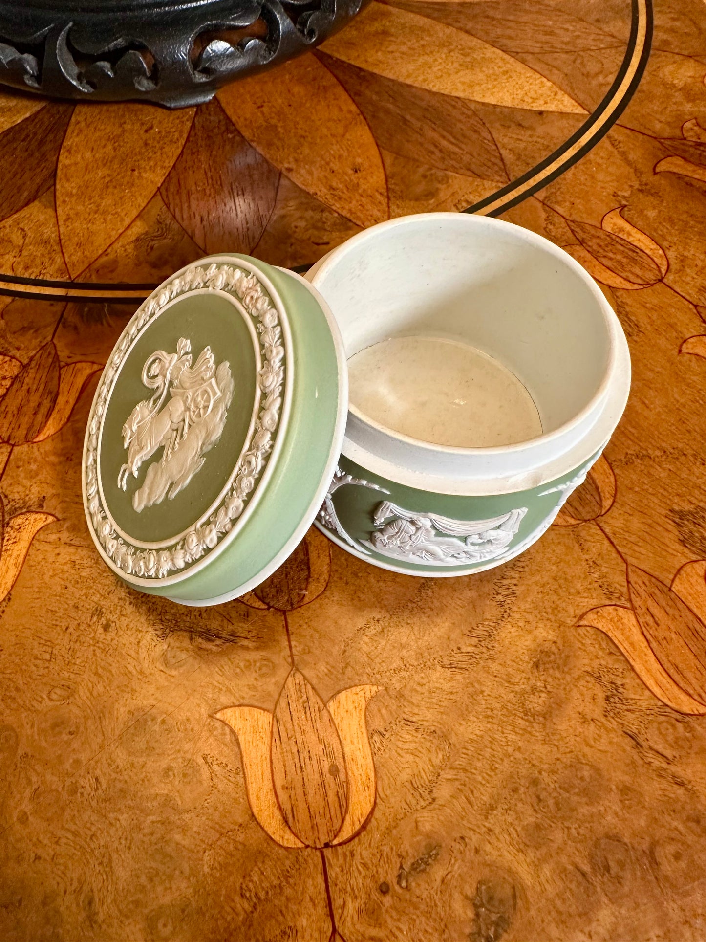 19th Century Antique Wedgwood Jasper Dip "Pomade" Lidded Box in Sage Green