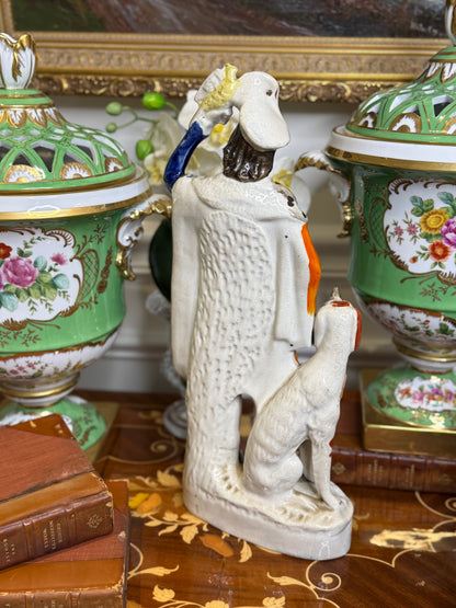 Antique Staffordshire Figure of Huntsman with Dog & Bird – 14” Tall Hand-Painted English Pottery