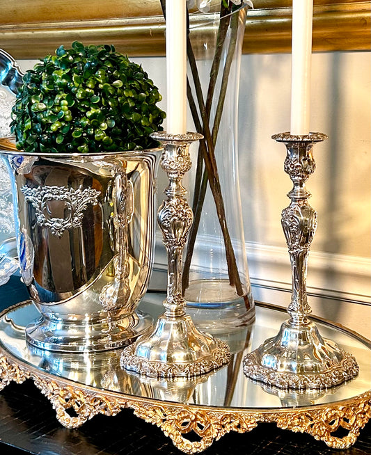Stunning statuesque pair vintage baroque silver plate stamped candlestick holders