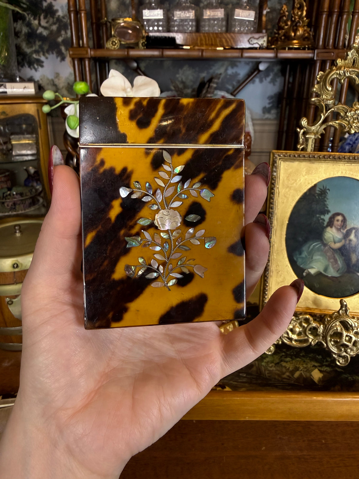 Antique Victorian Tshell🤎🐢 Calling Card Case | Mother-of-Pearl & Abalone Floral Inlay | Sterling Silver EF Monogram | 4” × 3”