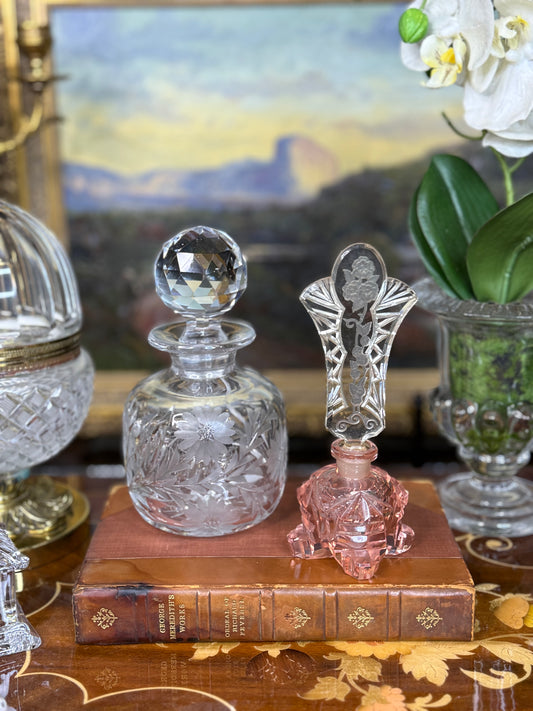 Antique Czechoslovakian Pink Cut Crystal Perfume Bottle with Etched Floral Stopper | 6.5” Tall