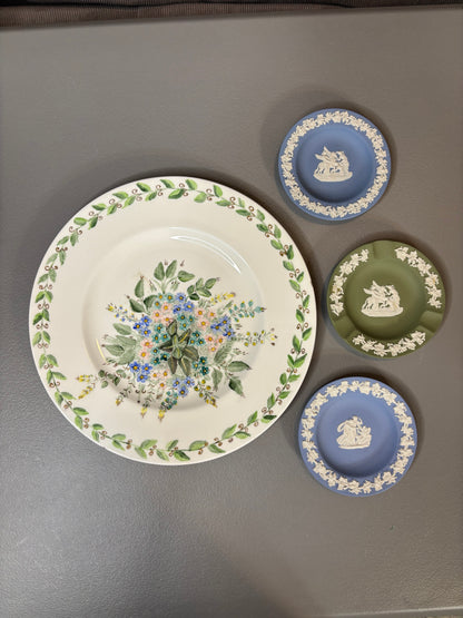 Instant plate wall! Features a handpainted floral plate signed and 3 Wedgwood trinket dishes!
