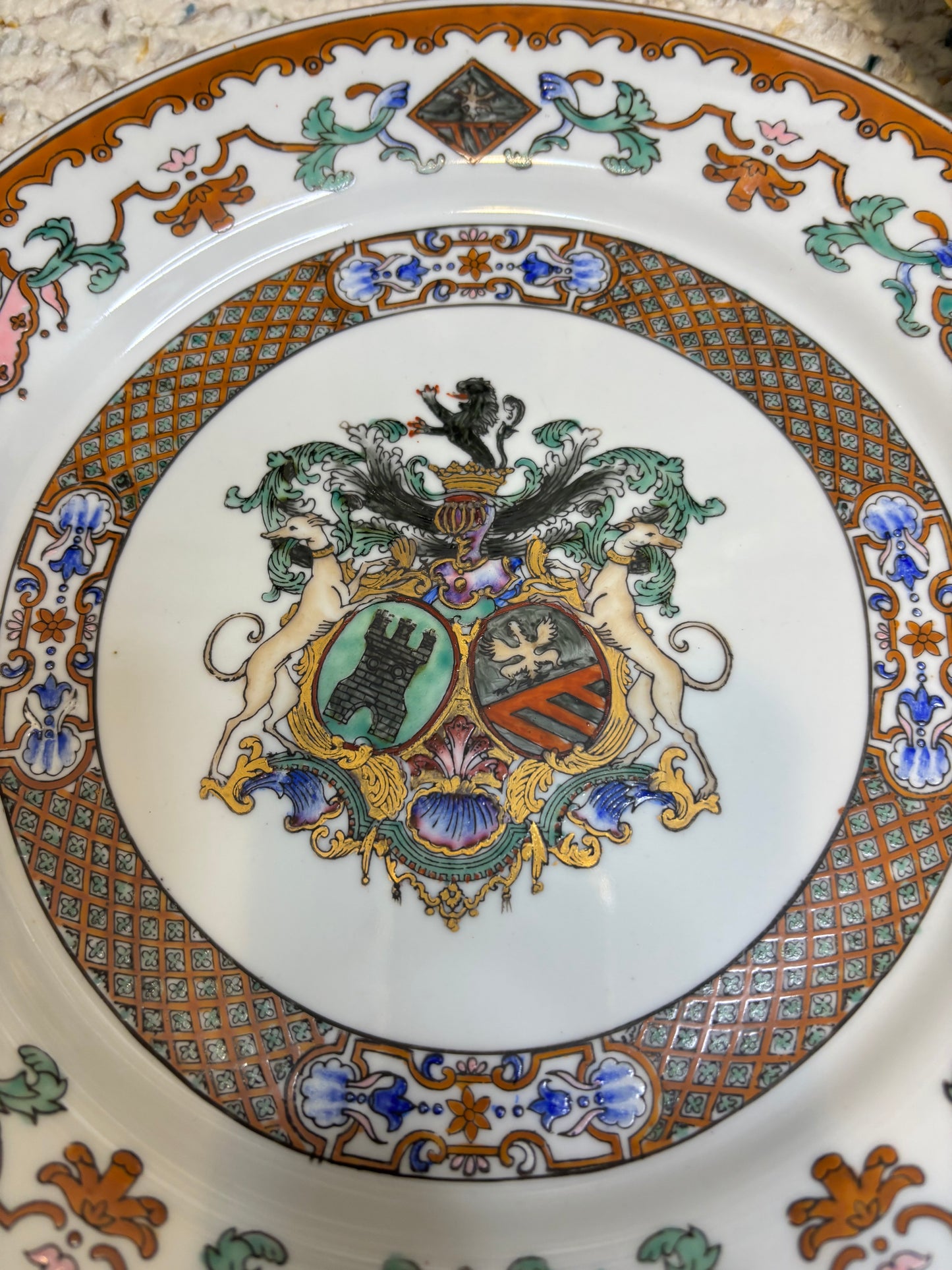 Gorgeous Armorial decorative plates pair with dogs, lions, and more and majolica plate! Instant plate wall!
