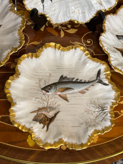 RESERVED - ANGIEFRIEND - Antique French Limoges Hand-Painted Fish Plates with Gilt Scalloped Rims | Set of 5 | 9”