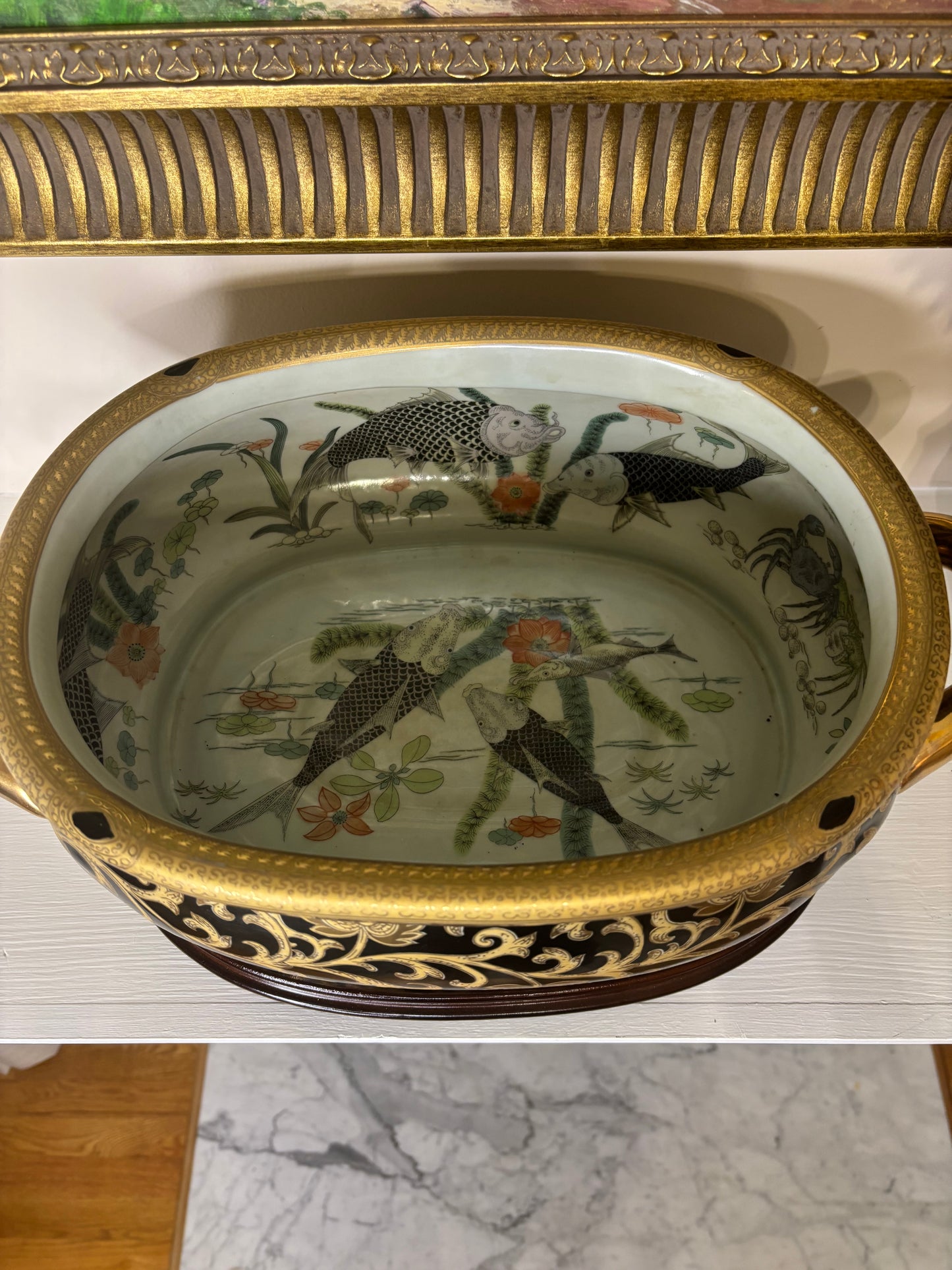 Stunning 18” Handpainted black and gold footbath  planter on stand!