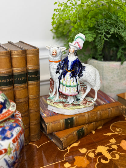 Antique Staffordshire Sanded Lamb & Shepherdess Figure | Pearlware Style Figurine | 8.5” Tall #DA4253