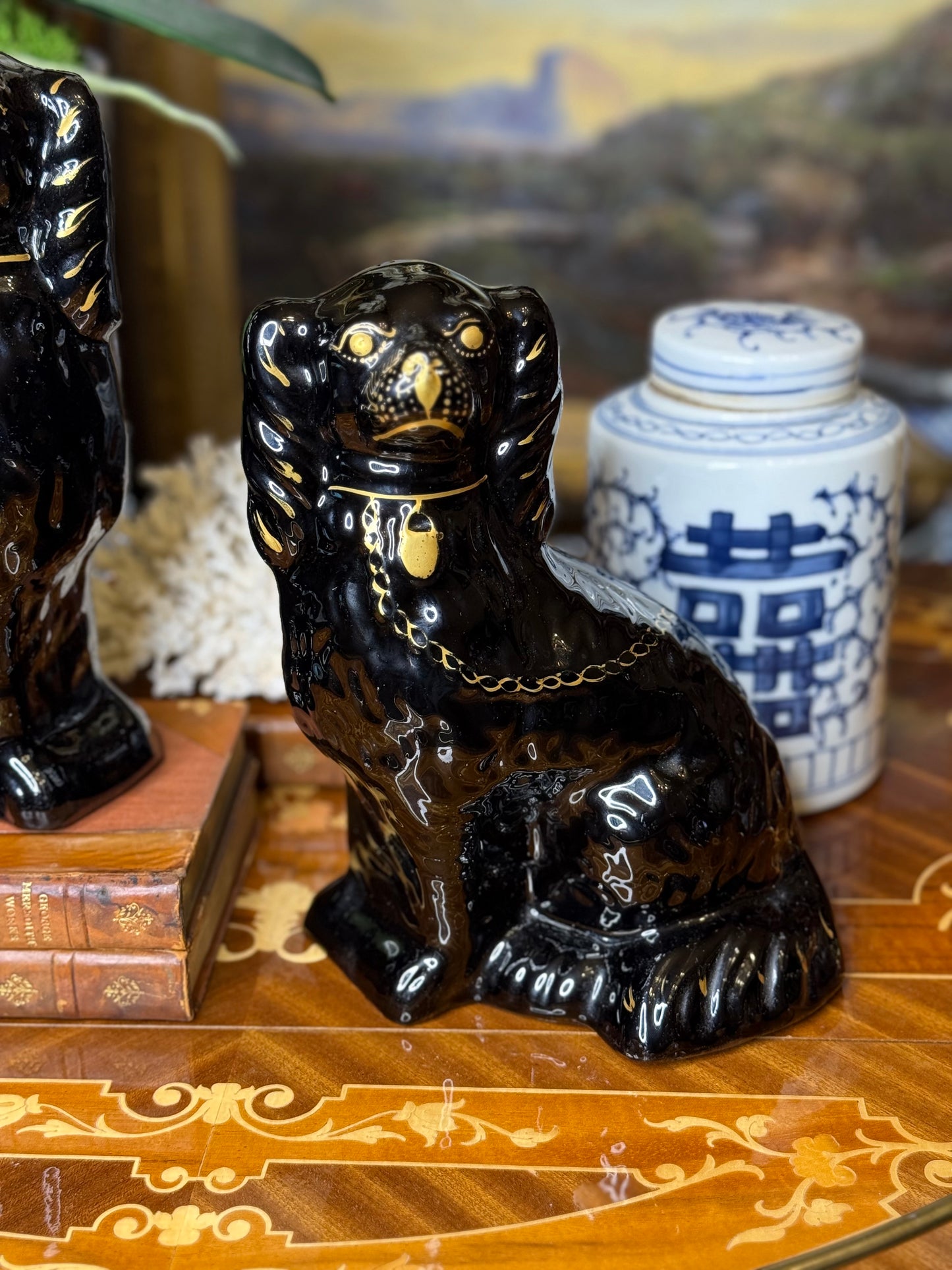 Antique 10” Tall English Black Staffordshire Mantle Dogs (c. 1890–1910) – Pair with Gilt Chain