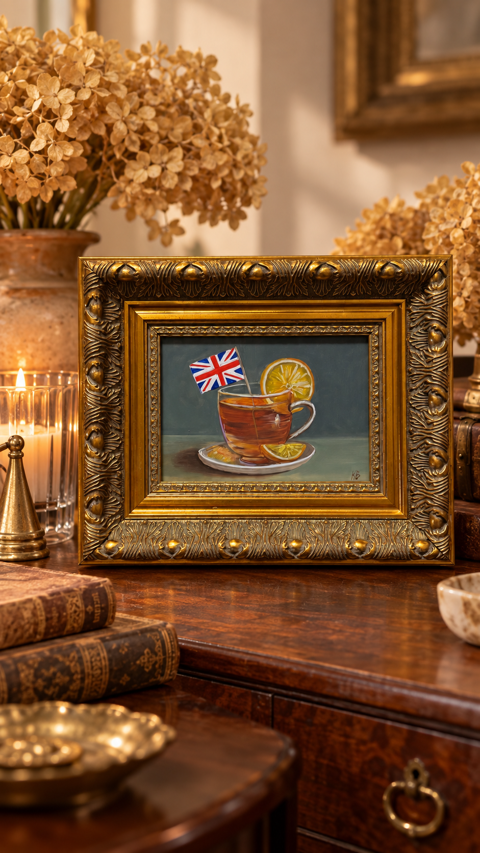 English Tea with Lemon Original Oil Painting in Ornate Gold Frame 9x11