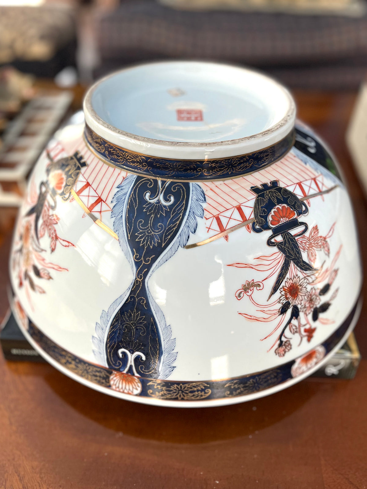 Large Imari Hand Painted Punch Bowl With Ornate Wood Stand