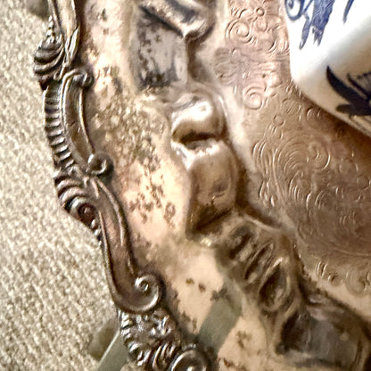 Aged vintage Silver over copper baroque tray 16 d