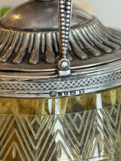 Antique Elkington & Co. Silverplate Mounted Amber Etched Glass Biscuit Barrel c.1900