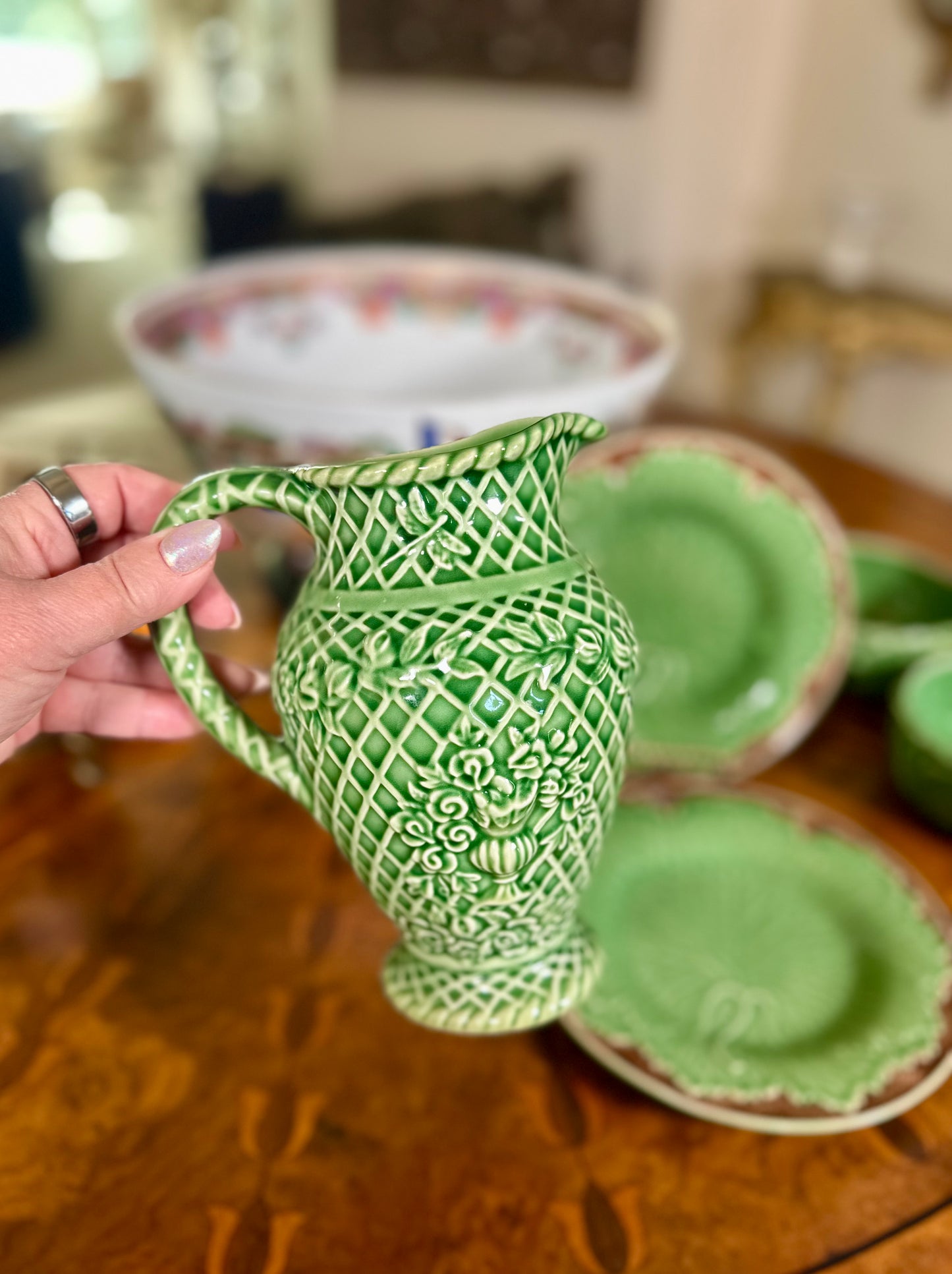 Vintage Bordallo Pinheiro Rose Garden Green Majolica Pitcher | Portugal