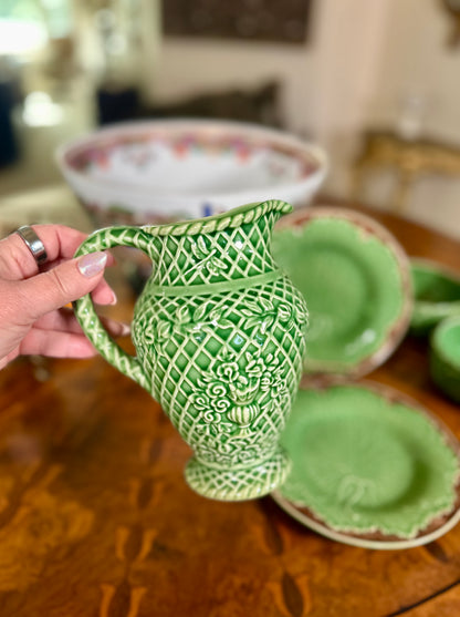 Vintage Bordallo Pinheiro Rose Garden Green Majolica Pitcher | Portugal
