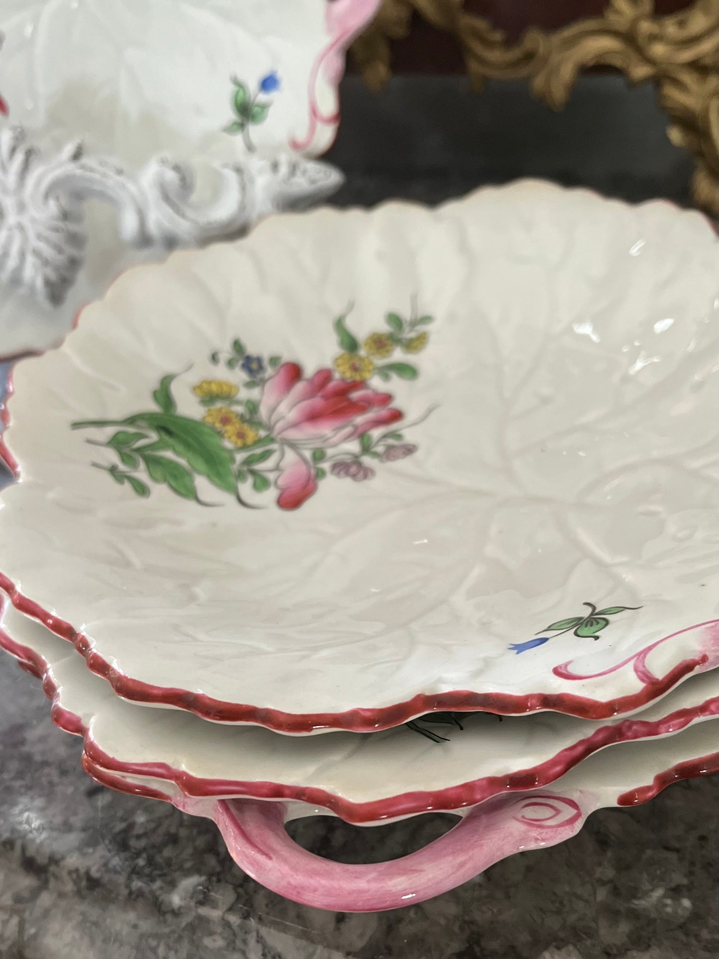RESERVED - SANDEE - Live 06/09 Beautiful Set Of 4 Luneville Antique French Faience Leaf Shaped Plates