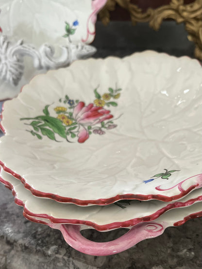 RESERVED - SANDEE - Live 06/09 Beautiful Set Of 4 Luneville Antique French Faience Leaf Shaped Plates