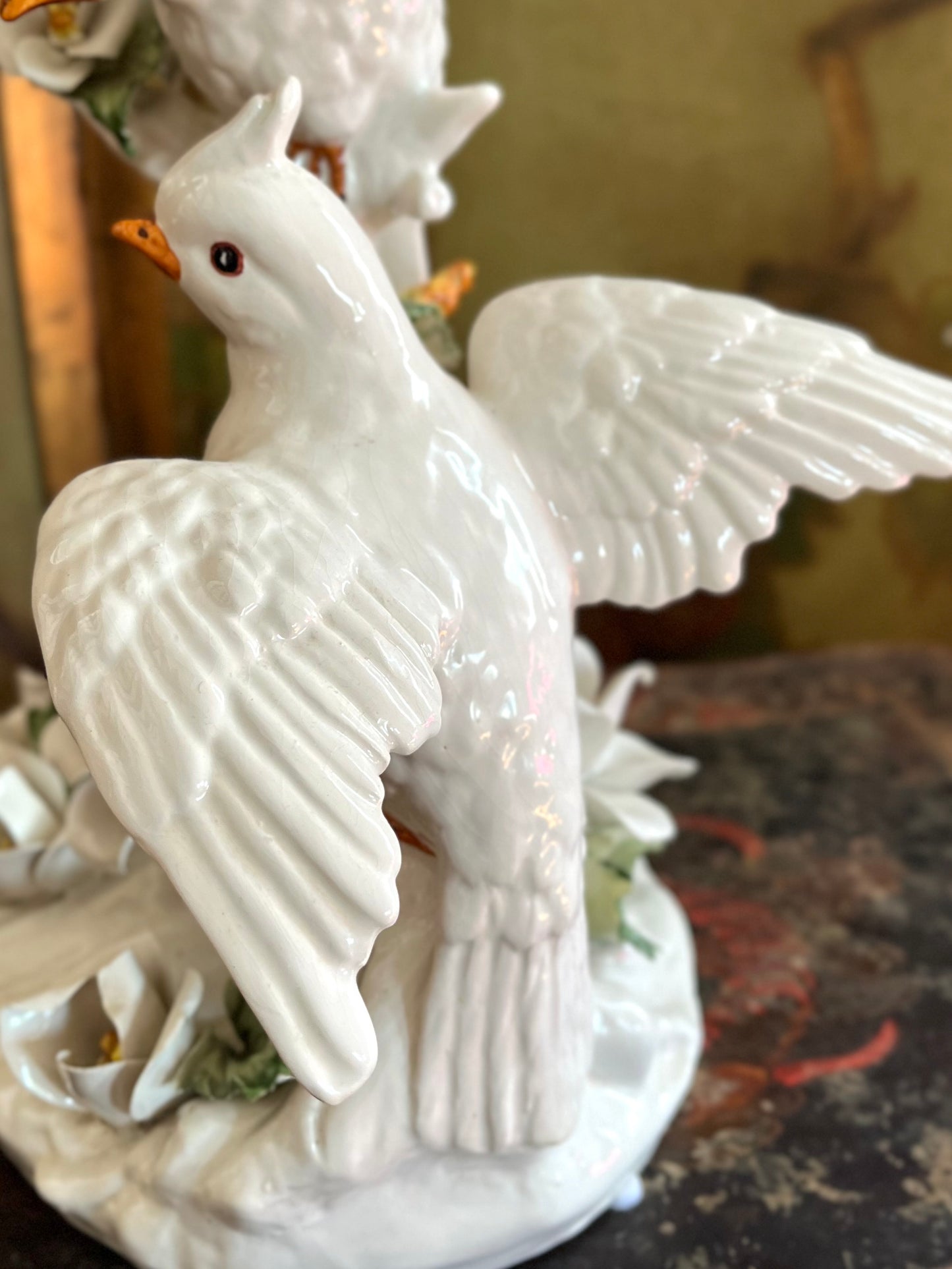 Live 08/25 Gorgeous Large Italian Porcelain Dove Pair with Hand-Applied Flowers – 14”