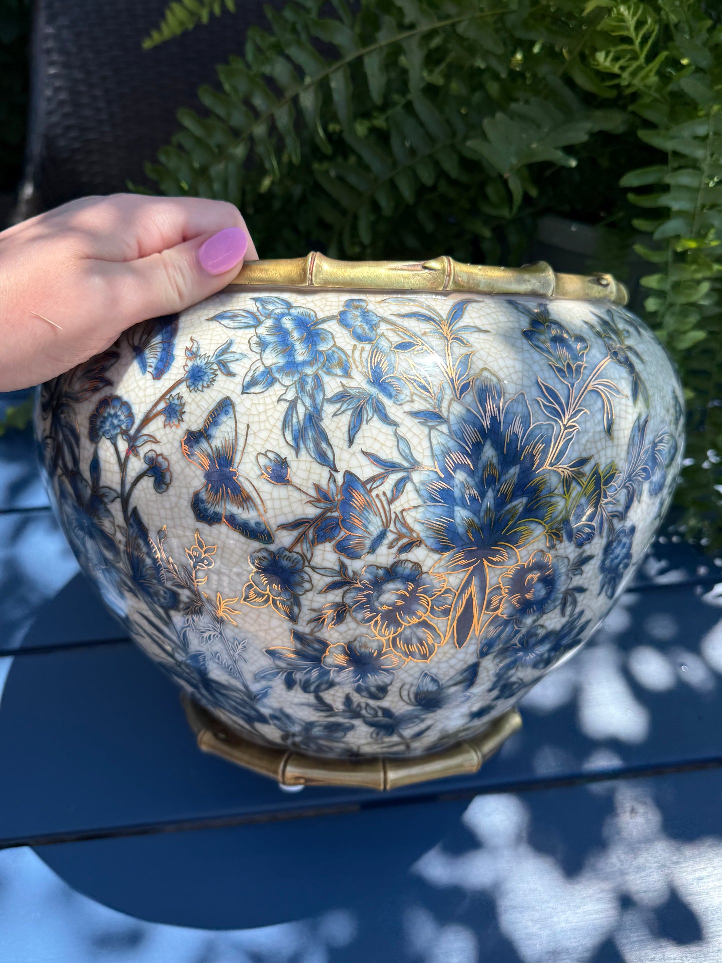 Danny’s Fine Porcelain - Midnight Garden Porcelain Floral Round Planter with Bronze Ormolu, 12"L x 12"W x 9"H