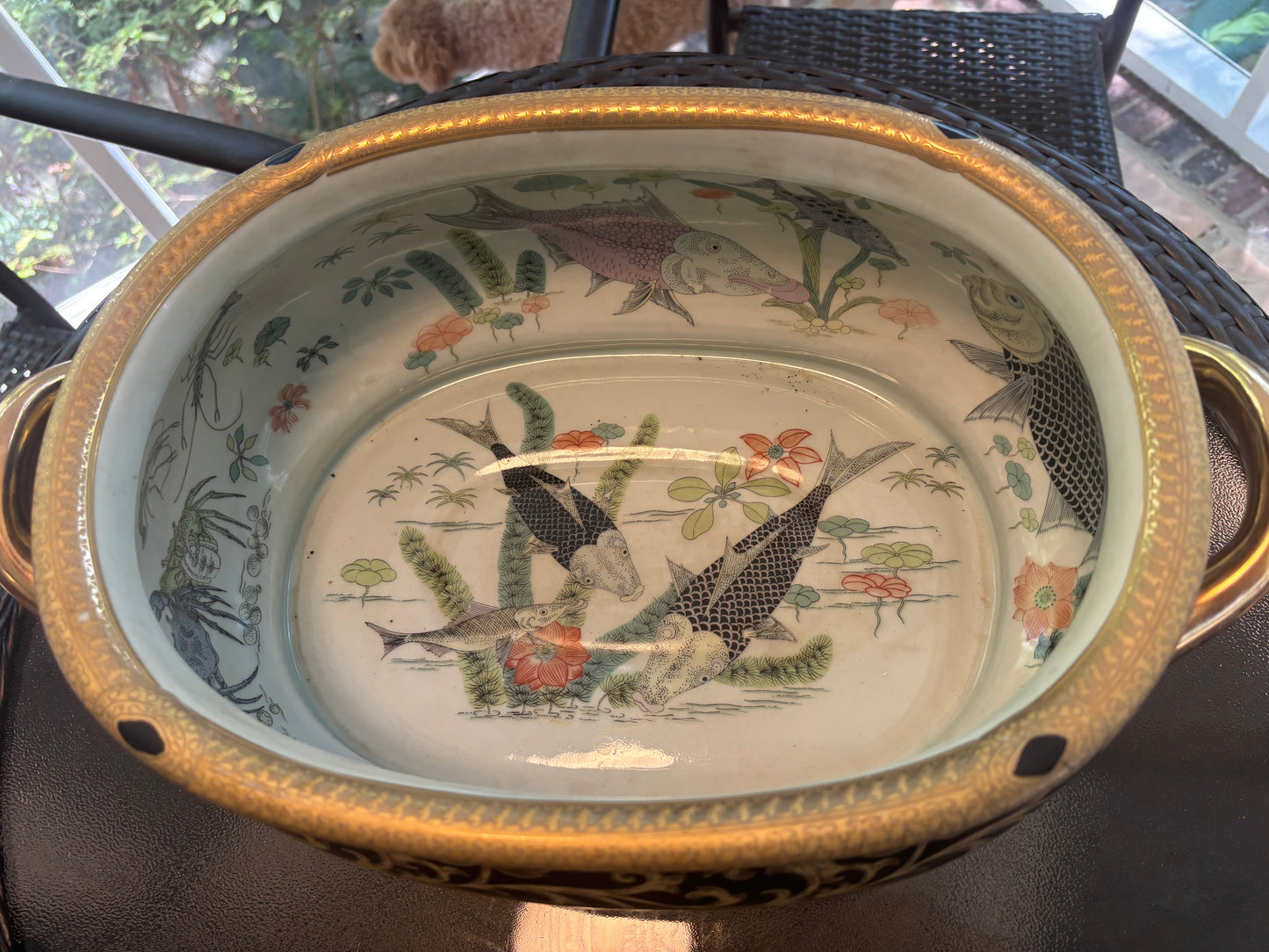 Stunning 18” Handpainted black and gold footbath  planter on stand!